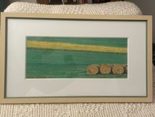 French Original Pastel Hay Bails Field Farm C. Catteau Art Work 7x14” Drawing