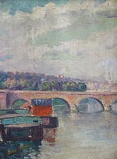 CHARMANTE PEINTURE IMPRESSIONNISTE DU XIXe-LE PONT DE SAINT CLOUD & REMORQUEURS-