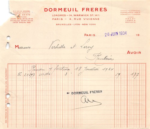 Facture 1934 dormeuil freres - facture,