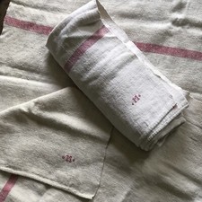 Antique French Homespun Hemp Linen XL Bath Beach Pool Towels Red Stripes "M"
