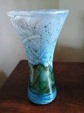 GOZO MALTE - VASE en verre - modèle "ALGUES" bleu vert - vintage - 26cm