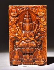 3.2" Chinese Natural Hetian Jade Carving 1000 Arms Guan Yin Goddess Pendant