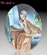 J.GUILLORY GRANDE MINIATURE PEINTE PORTRAIT FEMME+CHIEN INTERIEUR VERS 1900