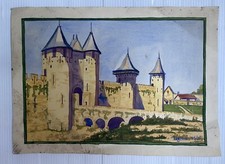 Carcassonne Fortification Du Château Comtal Aquarelle Paysage  Tableau Ancien