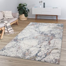 Tapis Poils Ras Salon Design Abstrait Vintage Moderne Beige Bleu Rouge