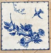 Ancien Carreau de faïence Gien Colibri Fleurs Bleu