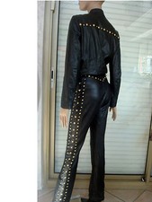 ENSEMBLE DE MARQUE "VOTRE NOM "BLOUSON + PANTALON SIMILI CUIR NOIR A CLOU T36/38