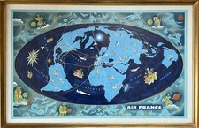 LUCIEN BOUCHER GDE AFFICHE LITHO AIR FRANCE PLANISPHÈRE 1962 PERCEVAL POSTER
