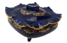 Bonbonnière Porcelaine Boite à Bijoux Vide Poche Décor Floral Bleu Cobalt/Or