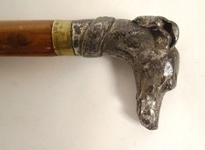 Canne ancienne pommeau métal argenté tête chien lévrier fût bois XIXème