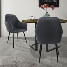 2x Chaises de Cuisine en Velours, Gris, Métal, Fauteuil avec Dossier, Accoudoirs