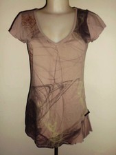 SUPERBE LONG AMPLE T-SHIRT FEMME SALSA TAUPE MOTIF BRIQUE EFFET SATINE T:M