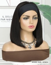 Perruque Naturelle Noir Femme Lisse Avec Bandeau Wig Courte Carré 25cm +1 Bonnet