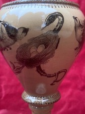 Pied De Lampe À Pétrole Faïence Décor Oiseaux & Serpent XIX°