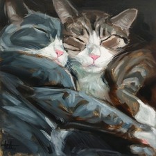 Peinture à l'huile originale deux chats endormis 10x10 pouces signée par l'ar...