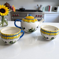 Service à thé Alpha Plus céramique décor olive peint main théière tasses vintage