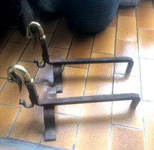 Paire De Chenets En Laiton Doré Tête de Cygne