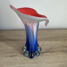 Vase Ancien Verre Souffle Murano ? Bleu Blanc Rouge, Pied D’éléphant Année 60