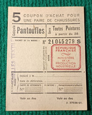 COUPON D'ACHAT POUR UNE PAIRE DE CHAUSSURES - PANTOUFLES SEMELLES TEXTILES 1944