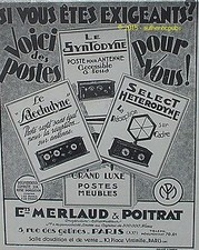 PUBLICITE MERLAUD & POITRAT POSTES SELECTADYNE SYNTODYNE HETERODYNE DE 1927 AD