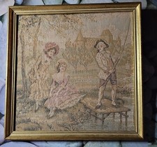 ANCIEN TABLEAU CANEVAS TAPISSERIE SCENE DE VIE A LA PECHE