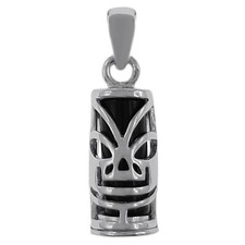 Pendentif TIKI polynésien en Argent Rhodié et imitation ONYX - Chaîne en Option