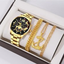 Montre Quartz en Acier inoxydable Gold,Hommes,Calendrier,avec bracelet et chaine