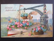 Superbe cpa Fantaisie Gaufrés EMBOSSED POSTCARD Bateau Grue Fleuries FLAG USA