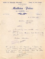 1949 ATELIER DE SERRURERIE MECANIQUE MATHIEU FRERES A LA CLAYETTE - M. MAINA