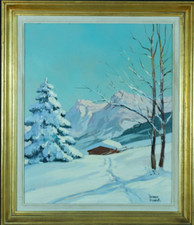 Beau Tableau ancien Neige montagne Alpes chalet Suzanne Demarest sv Contencin US