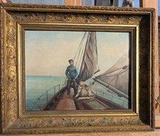 Huile sur toile signée E. Roux – Marine ancienne Belle Époque – Voilier et...