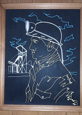 RARE tableau sculpture MINE lorraine ? charbon fer puit MINEUR  lampe nord 59 62