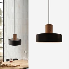 Lampe Suspension Bois,Suspension Luminaire Noir en Aluminium ø25cm Abat-Jour,...