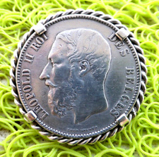ANCIENNE BROCHE ARGENT MASSIF PIÈCE DE MONAIE 5 FRANC DE 1873 LEOPOLD II BELGE