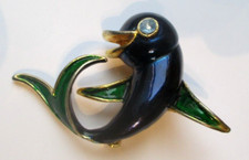 Grande broche couleur or dauphin émail bleu vert cristal aigue marine bijou 2034