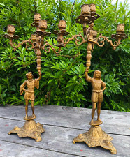 Paire de chandeliers anciens laiton doré 5 feux 4 branches pliables XIXe siècle