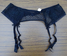 Porte jarretelles noir tulle broderie feuilles plumetis transparent T. L LOU TBE