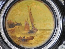 BELLE MARINE ANIMÉE NAPOLÉON III * TABLEAU sur MÉTAL ROND / HUBLOT ds CADRE XIXe