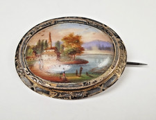 BROCHE Peinture Miniature ARGENT MASSIF Sculpte Paysage Bijou Ancien XIXe E31