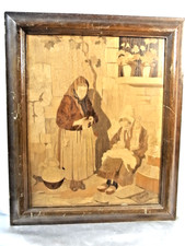 🇫🇷 ANCIEN GRAND PANNEAU MARQUETERIE ROSENAU FEMME VILLAGE CORSE CADRE TABLEAU