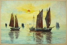 Raymond BLOSSIER (XX) pêcheurs sur leurs vieux gréements voiliers dessin c1950