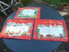 3 torchons ou set de table vintage ancien en coton à décor de recette de cuisine