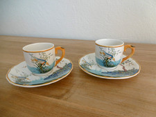 DEUX TASSES A CAFE ET SOUCOUPES FAIENCE GIEN DECOR MAGELLAN OU CARAIBES Lot 1.