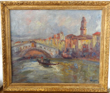 Apelle grande Huile sur Toile Pont et Gondole à Venise vers 1930-1950