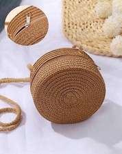 Sac Rond A Bandoulière Beige Femme Tressé Et Tissé En Paille Zippé