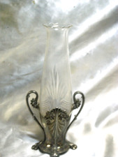 ANCIEN VASE BOUQUETIER PORTE BOUQUET METAL ARGENTE CRISTAL TAILLE ART NOUVEAU