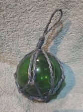 Ancienne Petite Boule Flotteur de Pêche Marine-Verre Vert Cordage Bleu Ø 10 cm 