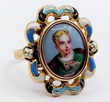 Bague marquise victorienne or rose 18k décoré d'émail jeune homme (1880)