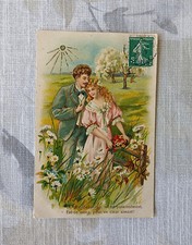 Carte Postale Ancienne Fantaisie Illustrée Gaufrée Couple Femme et Homme CPA