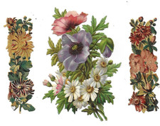 3 Anciens Chromos découpis  H. 12 cms   Victorian scrap des fleurs en bande